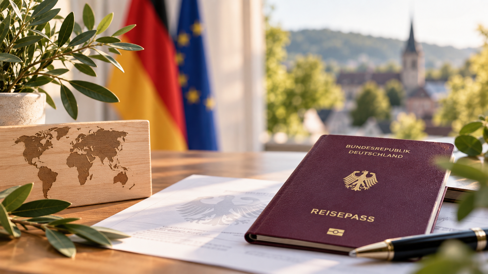 Auf diesem Bild sieht man einen Einbürgerungsantrag und einen deutschen Reisepass
