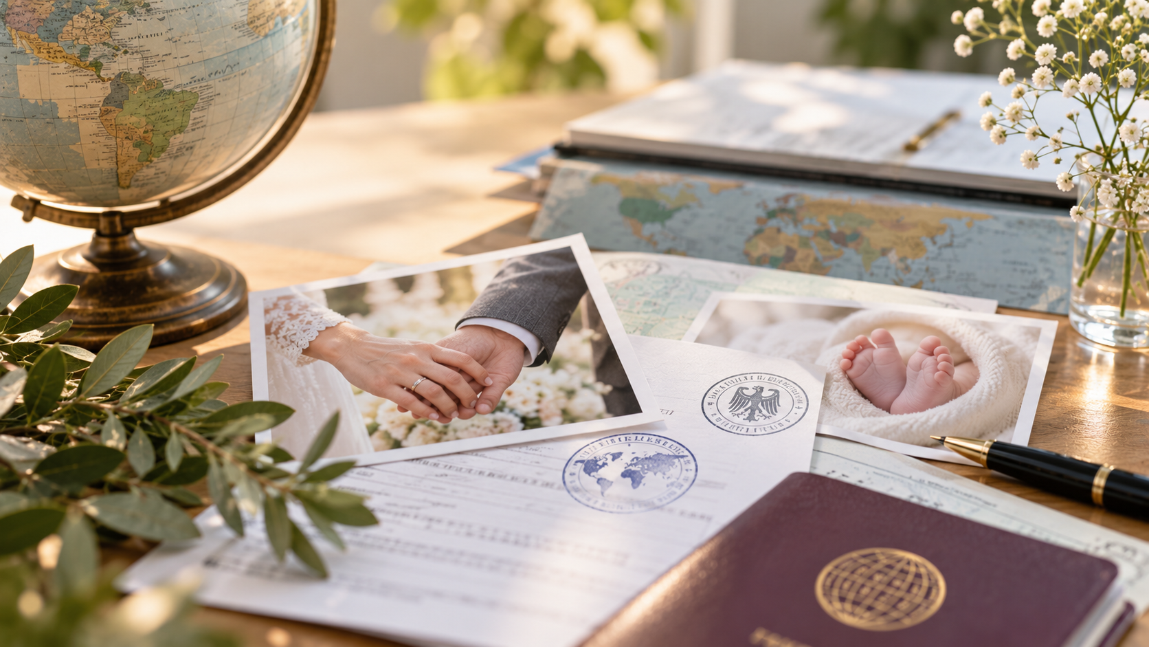 Auf diesem Bild ist ein Reisepass, eine ausländische Urkunde und ein Hochzeitsfotozu sehen