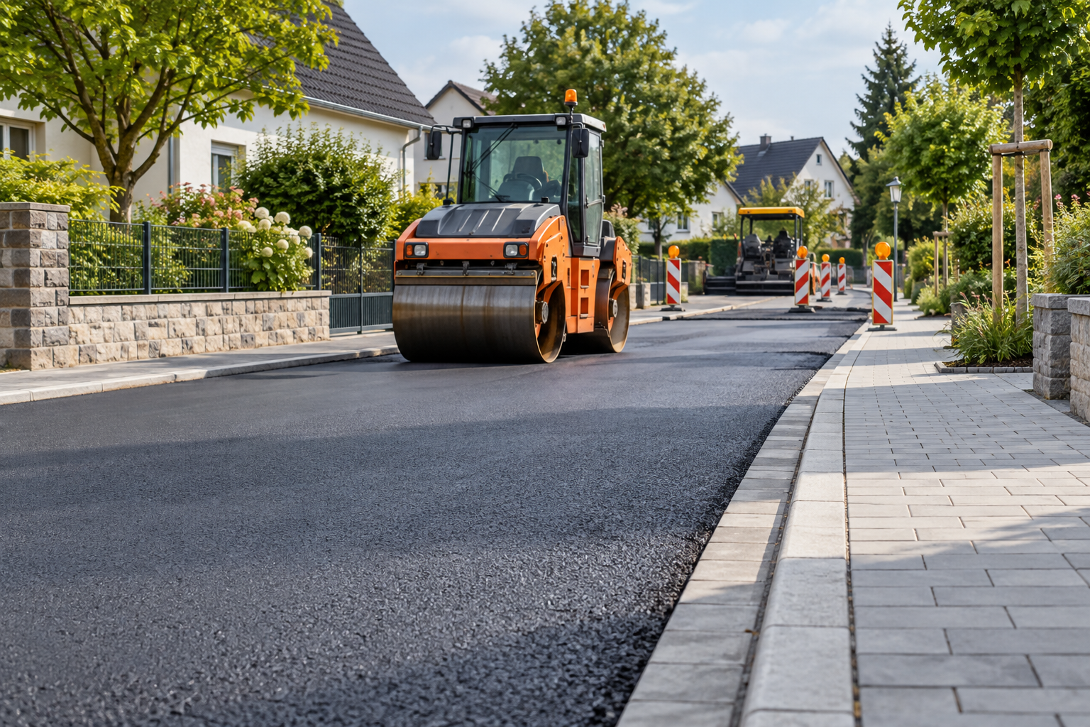 Straßenwalze auf einer frisch asphaltierten Wohnstraße mit Gehweg und Baustellenabsperrungen