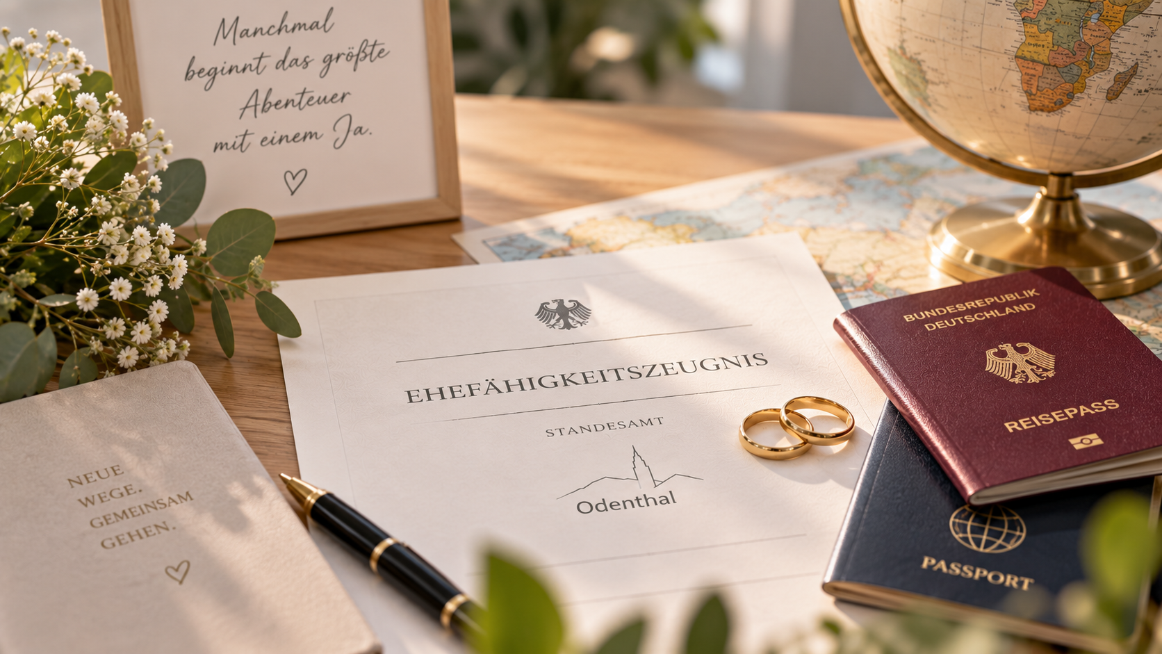 Auf diesem Bild sieht man zwei Eheringe, Reisepässe und ein Ehefähigkeitszeugnis