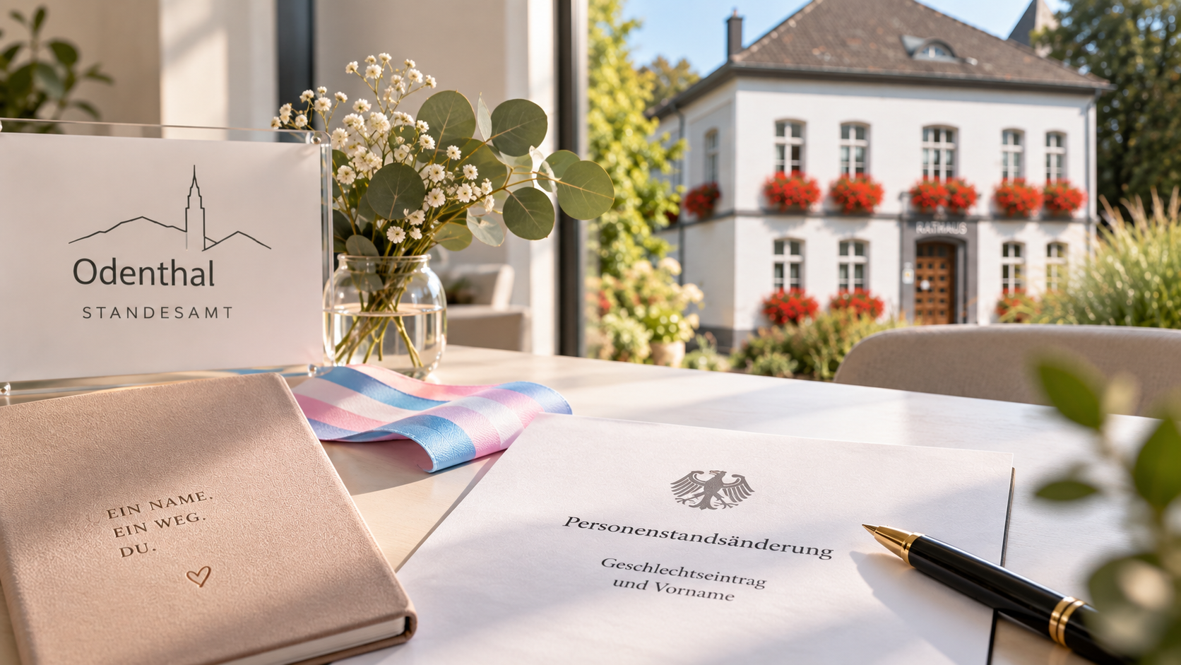 Auf diesem Bild ist im Hintergrund das Rathaus zu sehen und im Vordergrund eine Personenstandsurkunde 