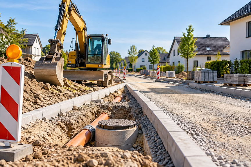 Straßenbaustelle mit Bagger und Absperrung bei der erstmaligen Herstellung einer Straße 