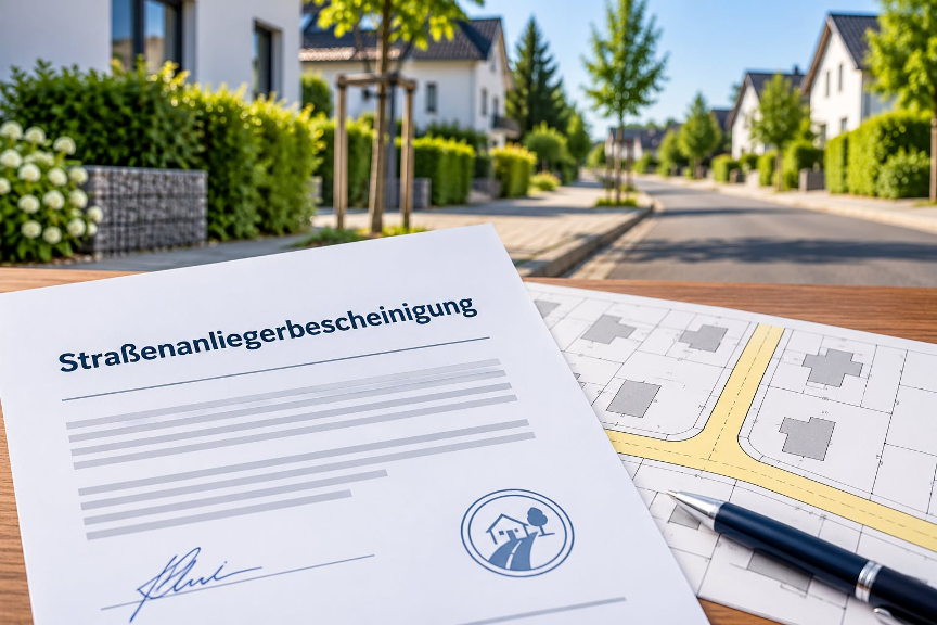 Straßenanliegerbescheinigung mit Lageplan und Stift vor einer Wohnstraße 