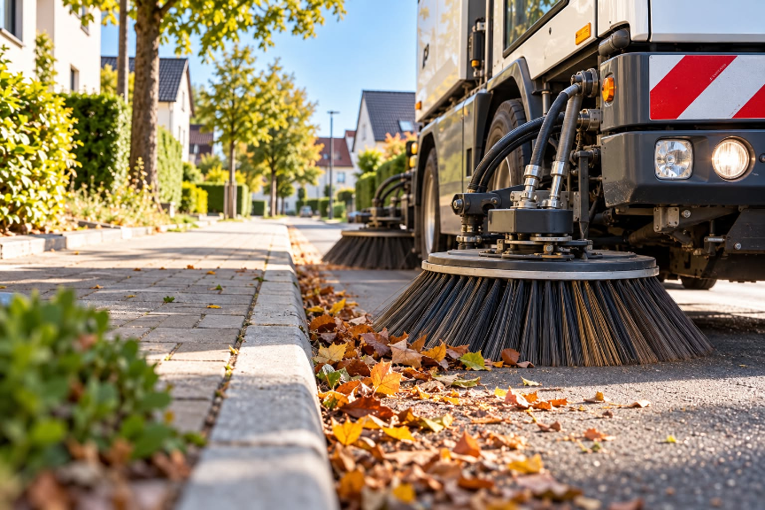 Straßenkehrmaschine bei der Reinigung einer Wohnstraße mit herbstlichem Laub