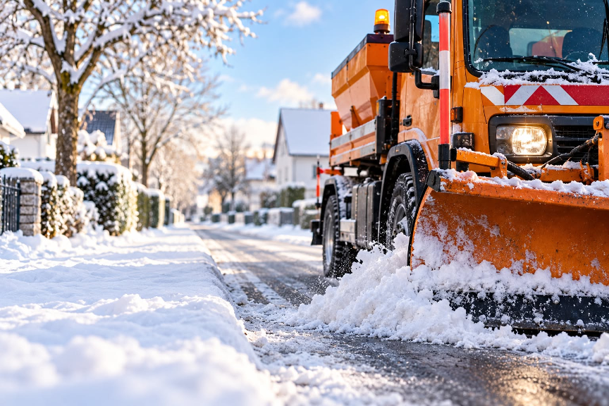 Winterdienstfahrzeug mit Schneepflug beim Räumen einer verschneiten Wohnstraße 