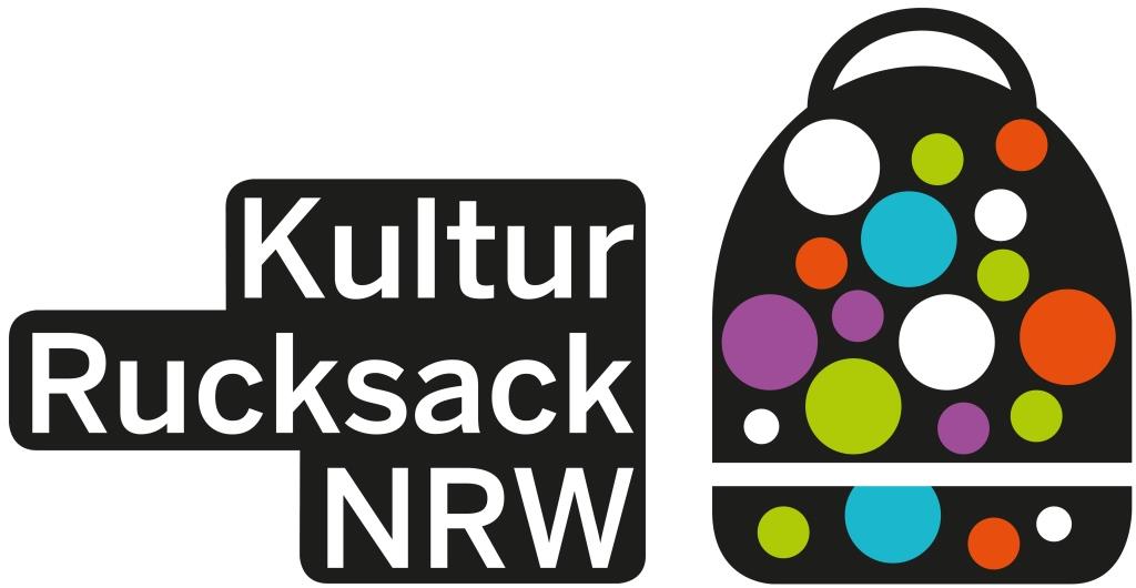 Das Bild zeigt das Logo des Kulturrucksacks NRW - ein Rucksack mit vielen bunten Punkte und dem Schriftzug links daneben